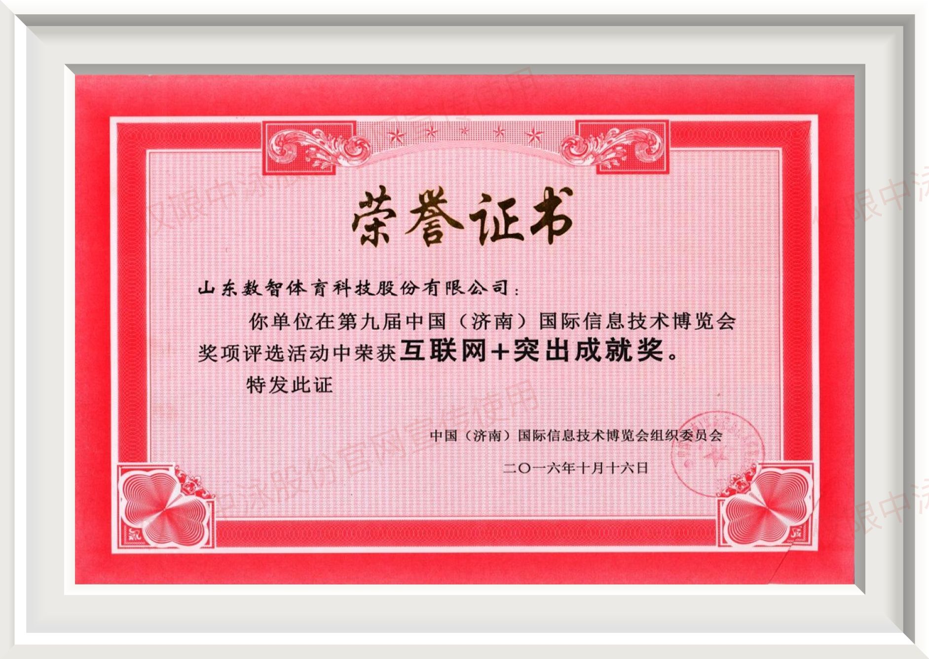 互联网+突出成就奖荣誉证书